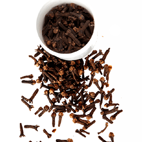 Whole dried cloves spilling from a white bowl onto a plain white background.