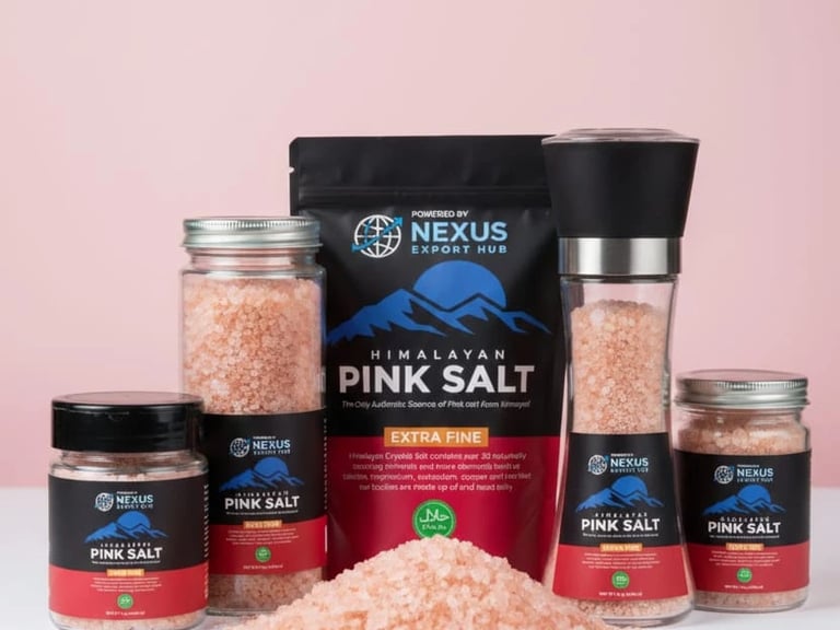 Premium Himalayan Pink Salt in customized jars and grinder packaging.