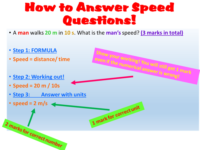 An example of how to work out the answer to a speed calculation.