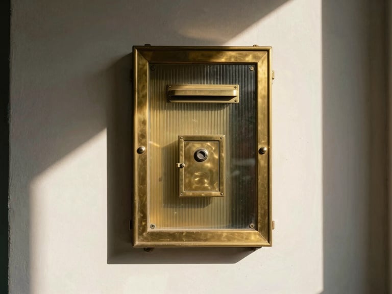 Straight-on architectural elevation of a mid-century brass directory board mounted on fluted glass, warm afternoon light casting long graphic shadows.
