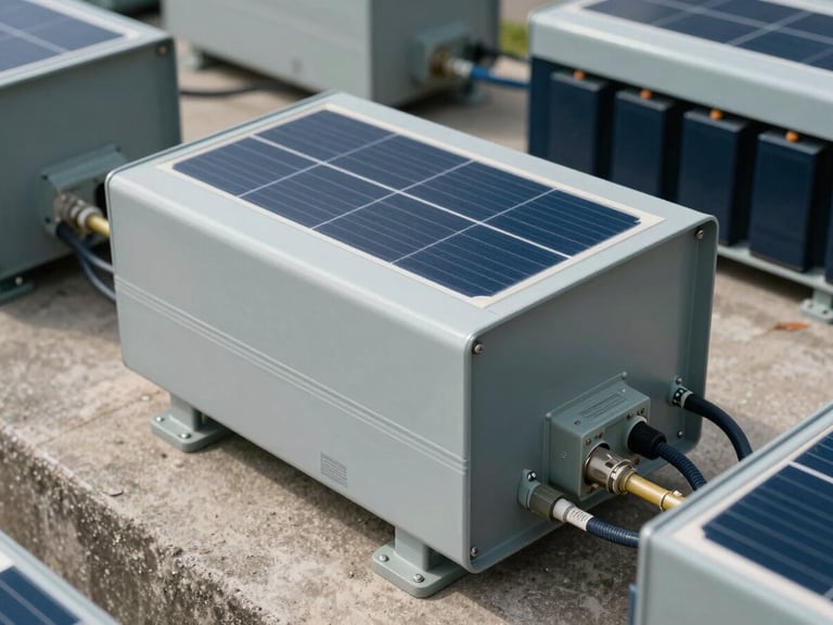 Close-up landscape frame: solar inverter and battery bank units in sharp detail on a concrete surface under neutral Colombian daylight, cable management visible and precise, components bearing European manufacturing markings, no people — pure technical infrastructure documentation