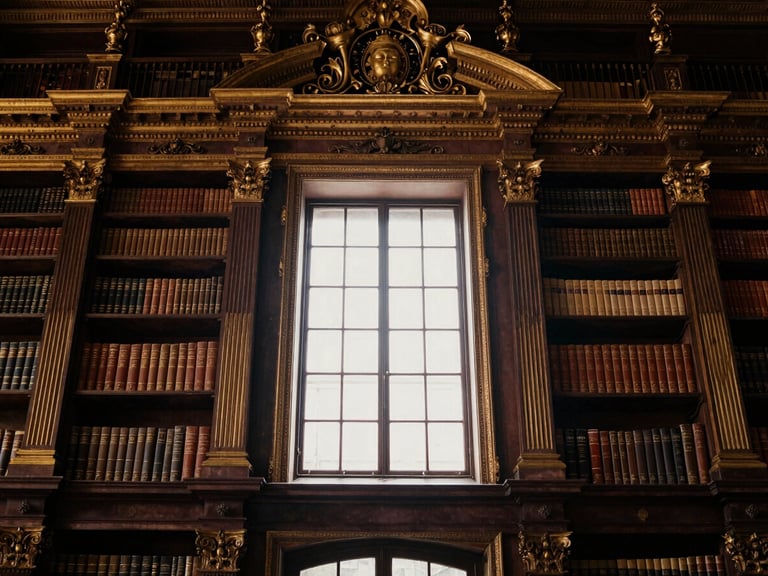 Wide environmental shot of an ornate library facade, soft dramatic light, antique gold tones