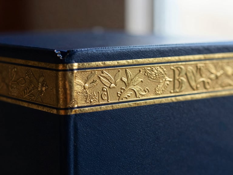 Macro detail of a gold-embossed book spine, rich navy tones, chiaroscuro lighting