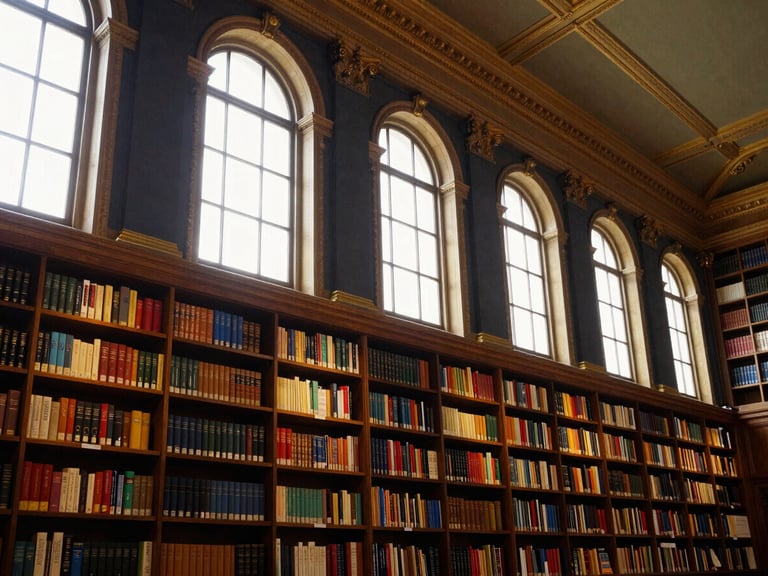 Wide environmental shot of a grand, historic library interior with towering bookshelves, soft light filtering through large windows, evoking a sense of global knowledge.