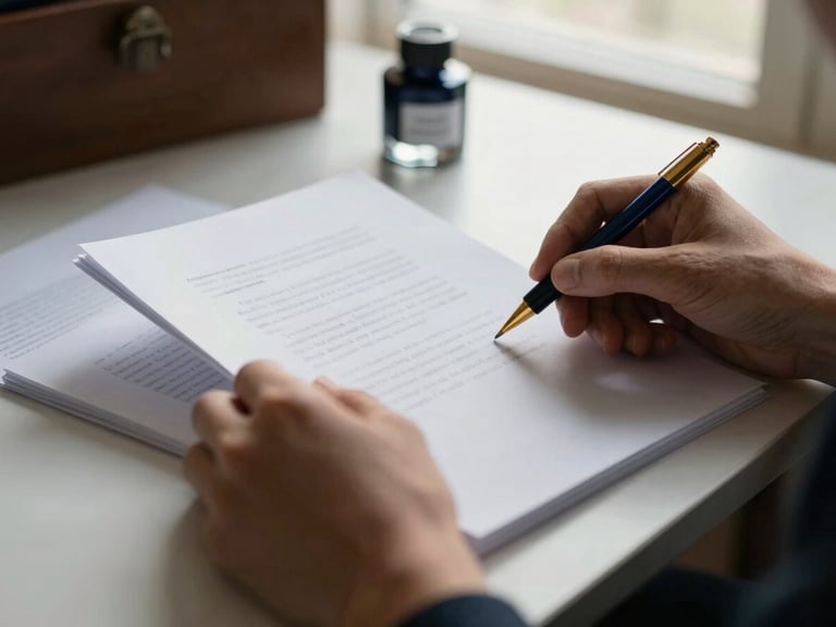 Editor's hands reviewing a manuscript on a desk, soft daylight, ink and paper textures visible