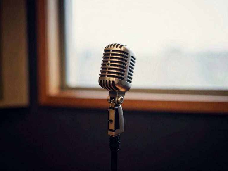 Vintage microphone in a quiet recording booth, warm tones, shallow depth of field