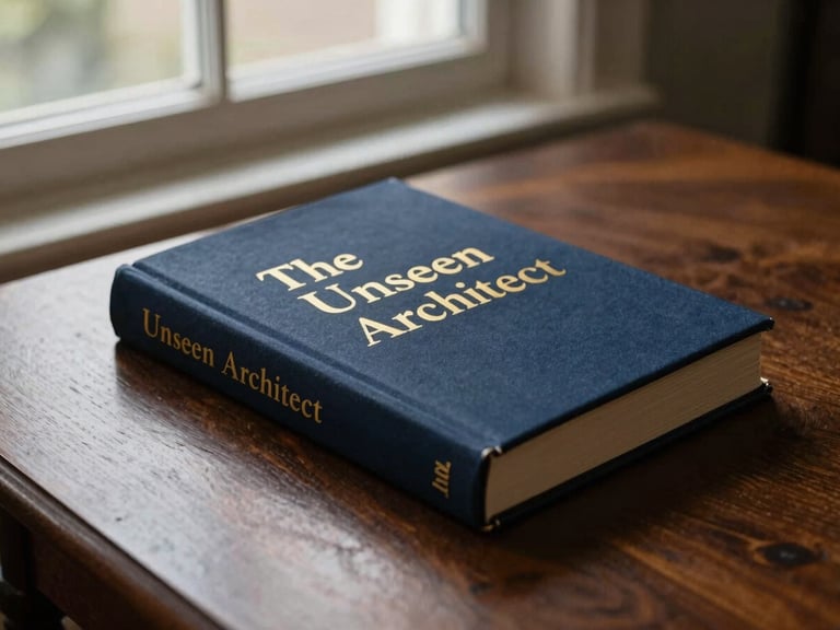 Elegant hardcover biography titled 'The Unseen Architect', gold foil lettering, deep navy cover, resting on a dark polished wood table, dramatic window light, 35mm