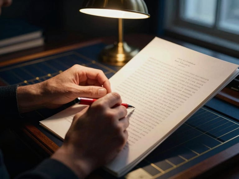 Close-up of a skilled editor's hands meticulously reviewing a manuscript page with a red pen, under focused desk lamp light, rich navy and gold tones.