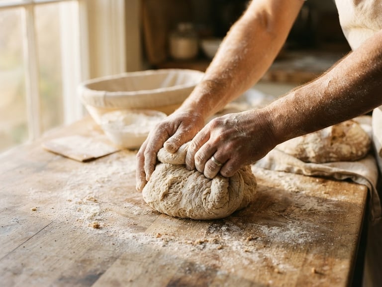 Tactile close-up of hands shaping rustic sourdough loaves on a flour-dusted wooden table, warm golden sunlight streaming through a window, 35mm photography