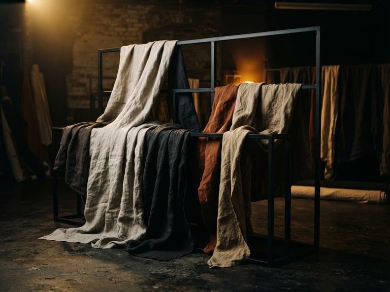 Moody editorial wide shot of premium textured linen fabrics draped over clean, black steel structures, dramatic golden key lighting, sharp focus, 35mm