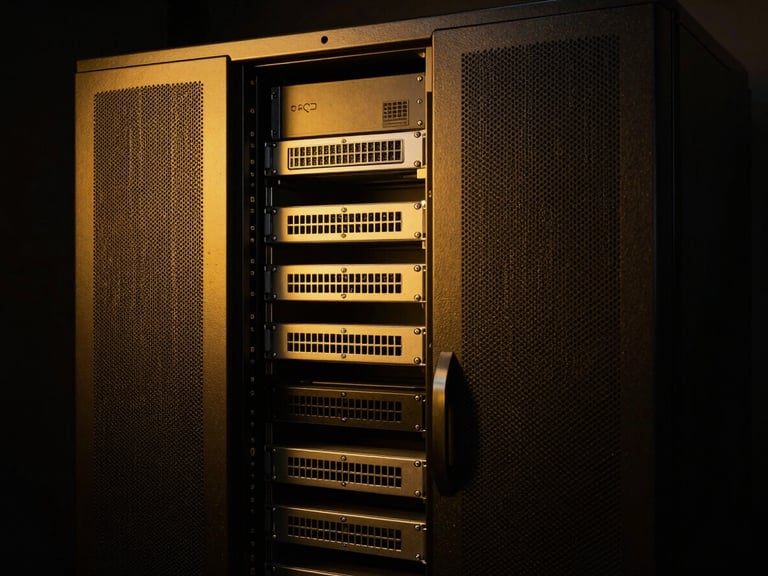 Moody editorial photography of clean server rack illuminated by a warm golden key light, high-contrast dark environment, 35mm