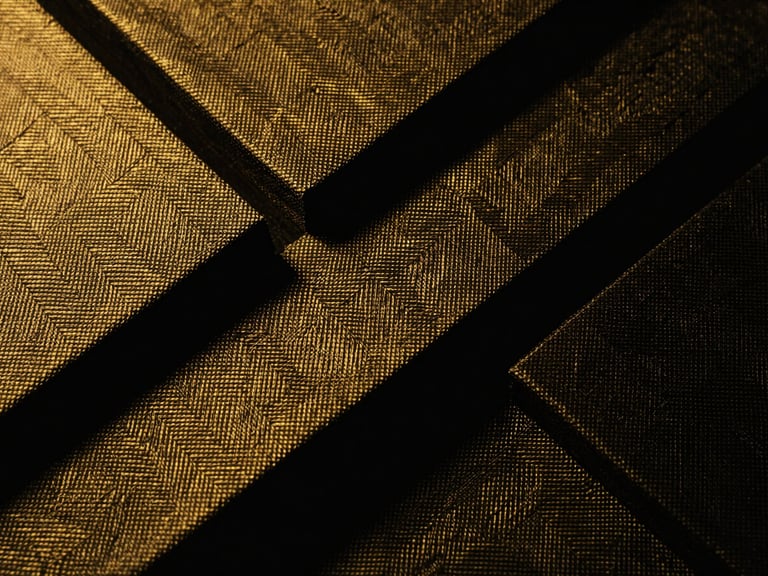Moody editorial macro photography of structured woven fabric with golden threads, sharp geometric architectural angles, dramatic studio lighting, 35mm