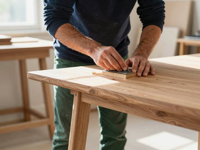 A skilled woodworker carefully sanding a custom oak table in a sunlit Athens workshop, sawdust catching the natural light, authentic editorial style, shallow depth of field.