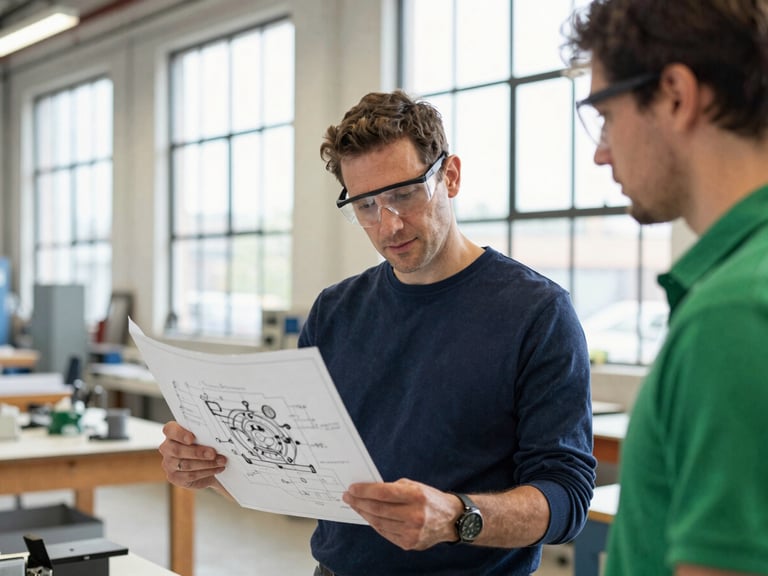 Candid mid-shot of a local founder in safety glasses reviewing a mechanical blueprint with an apprentice in a clean Youngstown workshop, natural daylight streaming through large factory windows, shallow depth of field.