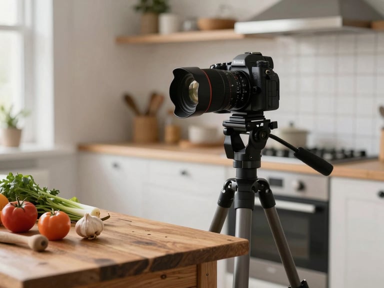 Behind-the-scenes shot of a photographer adjusting a camera on a tripod over a rustic wooden table with fresh ingredients, soft natural light, cozy Scandinavian kitchen atmosphere