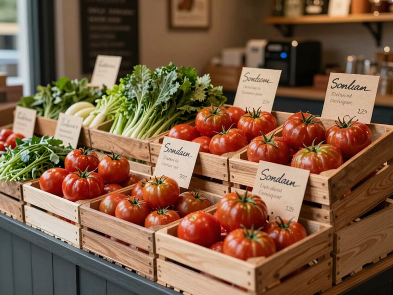 Soft side-lit view of a modern boutique market stall, wooden crates overflowing with heirloom tomatoes and fresh greens, hand-written parchment price tags, cozy Scandinavian atmosphere.