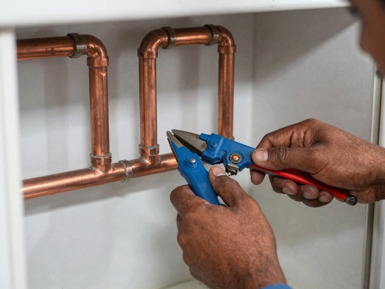 Close-up shot of a technician's hands using professional tools to repair copper pipes in a bright Coimbatore kitchen, clean authentic colors, sharp focus
