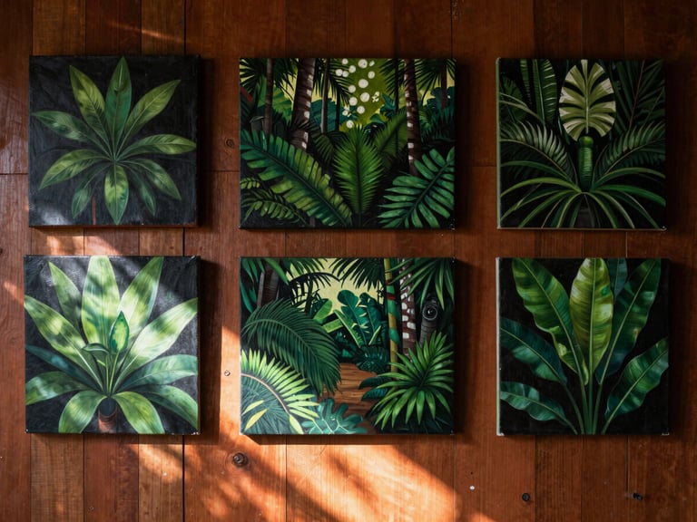 Vibrant paintings by local Amazonian artists displayed on raw wooden walls, dappled sunlight, deep organic greens and rich terracotta hues, moody documentary photography.