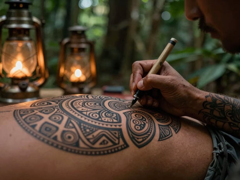 Close-up of a tattoo artist's hand performing linework on skin, intricate indigenous patterns, warm low-light evening lanterns, moody documentary photography, rich earth tones.