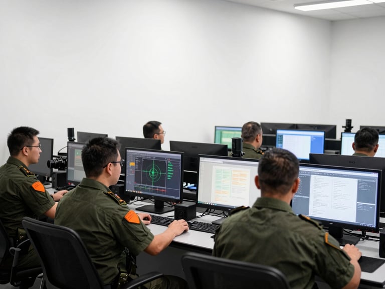 Active command center operations with multiple screens and uniformed personnel coordinating, crisp high-contrast natural light, muted tactical tones with sharp orange accents, 35mm lens
