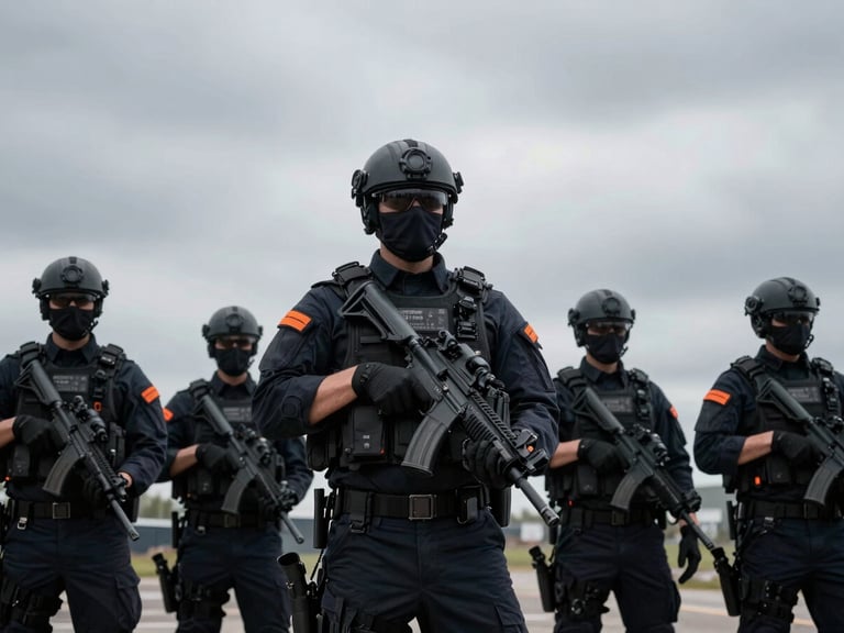 Uniformed tactical security personnel in a high-risk corporate environment, dramatic overcast daylight, muted tactical tones with sharp orange accents, 35mm lens