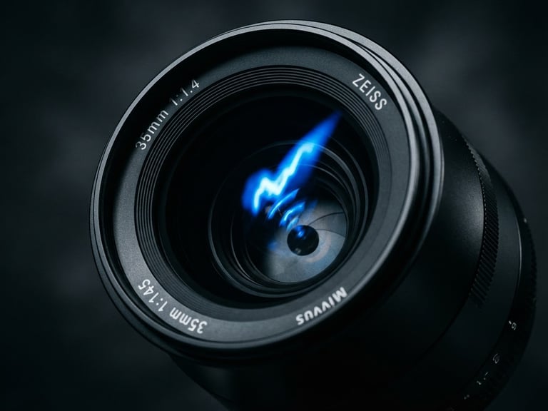Dramatic close-up of a high-end camera lens reflecting electric blue studio light, dark charcoal background, sharp focus, 35mm