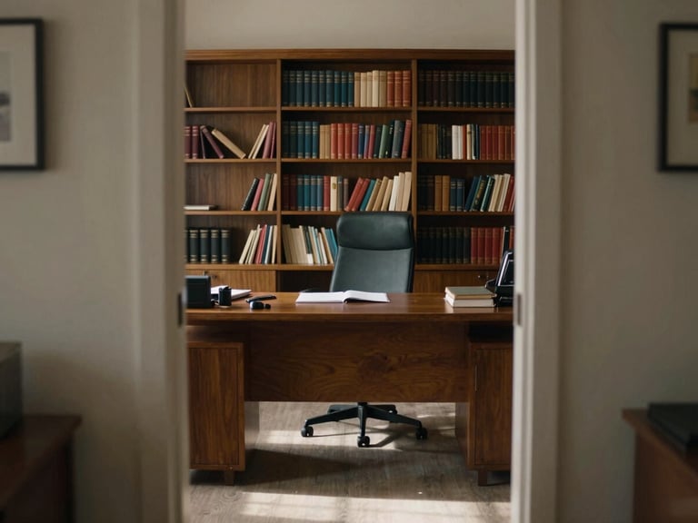Wide environmental shot of the agent's office from the doorway, desk and chair centered, natural north-facing light filling the room, a single open folder on the desk, bookshelves along the wall, no artificial lighting, intimate private-practice scale