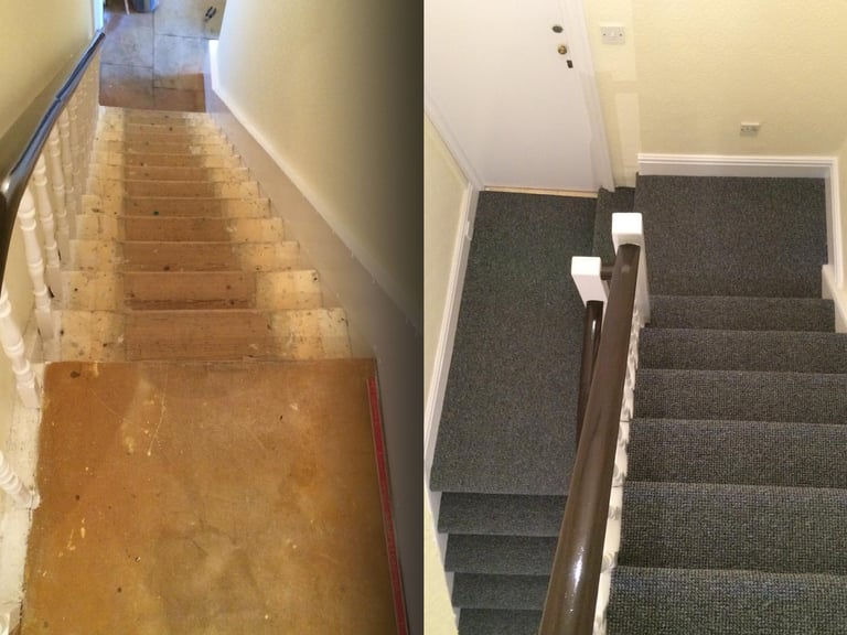 Before and after of a Brighton home staircase renovation featuring new dark grey carpet installation.