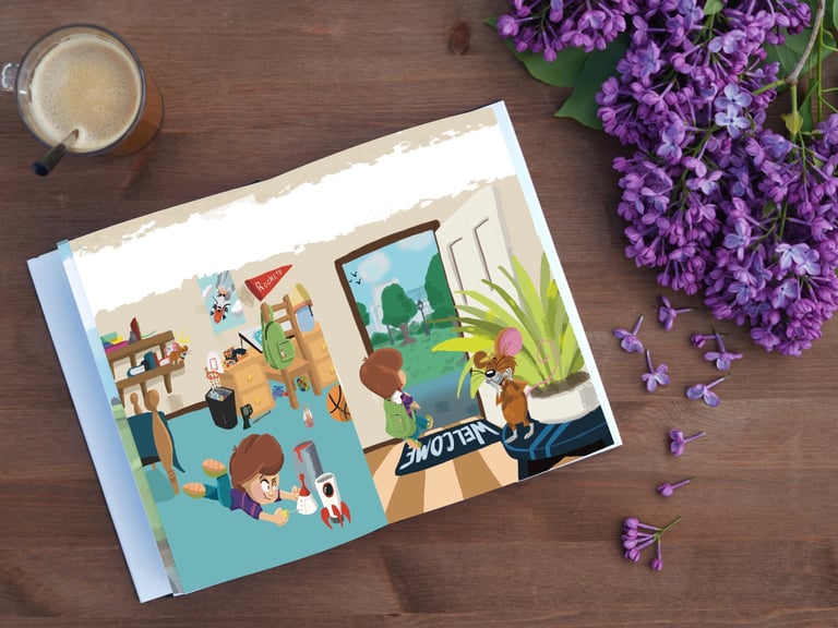 A story book showing a scene of a boy and a mouse and a rocket ship adventure.
