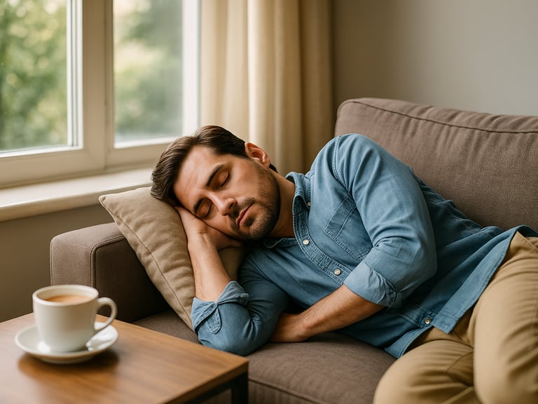 man sleeping on couch with coffee mug