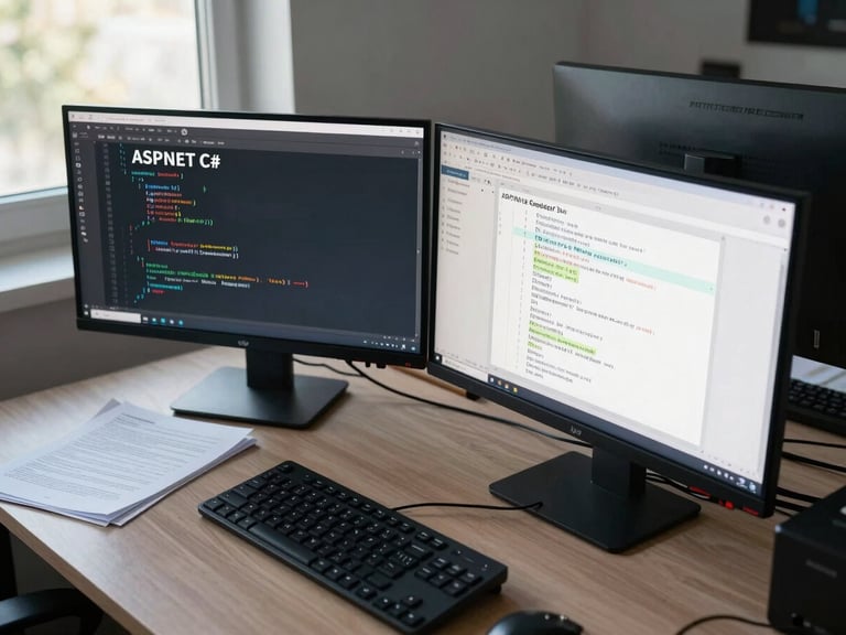 Close overhead view of a developer's workstation, dual monitors showing ASP.NET C# code and a SQL Server schema diagram, north-facing daylight from a window to the left, keyboard and printed documentation visible, no people in frame