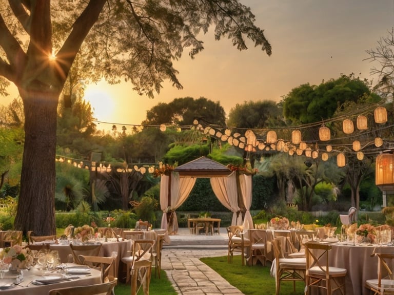 Vue d’ensemble d’un lieu de réception en extérieur avec allée boisée et décoration suspendue