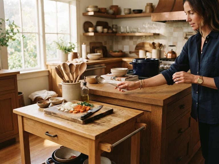 Warm editorial photograph of a kitchen island with a mobile prep cart pulled out, a hand reaching for a utensil, natural afternoon window light, rich timber tones, soft shadows, medium-wide environmental, 35mm