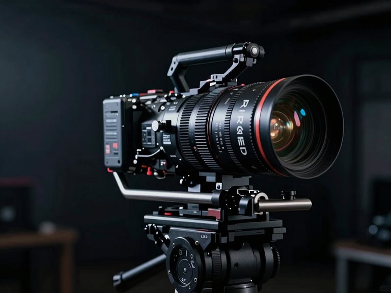 Cinematic behind-the-scenes video production environment, high-contrast dramatic lighting with cool tech tones, deep shadows, RED camera on a stabilizer, anamorphic lens flare.
