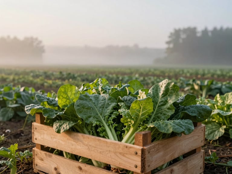 Wide environmental landscape shot of misty morning organic farm fields, a wooden crate of freshly picked greens in the foreground, soft low-horizon daylight.