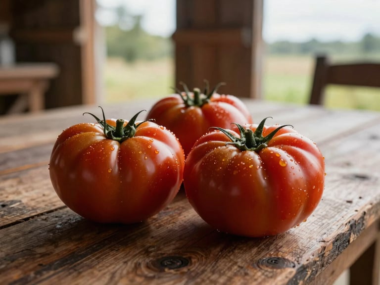 Close-up landscape shot of freshly washed heirloom tomatoes resting on a rustic wooden table in a sunlit barn, soft Scandinavian morning light.