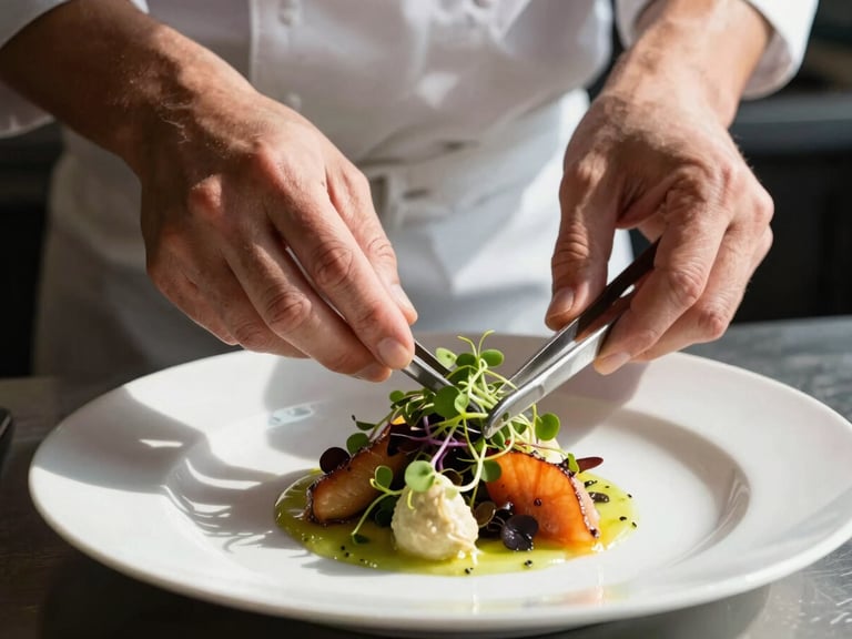 A professional chef at the pass plating a vibrant seasonal dish, hands carefully positioning microgreens with tweezers, soft morning daylight, moody shadows
