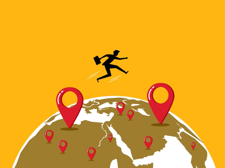 Business-man-jumping-between-location-pins-on-globe
