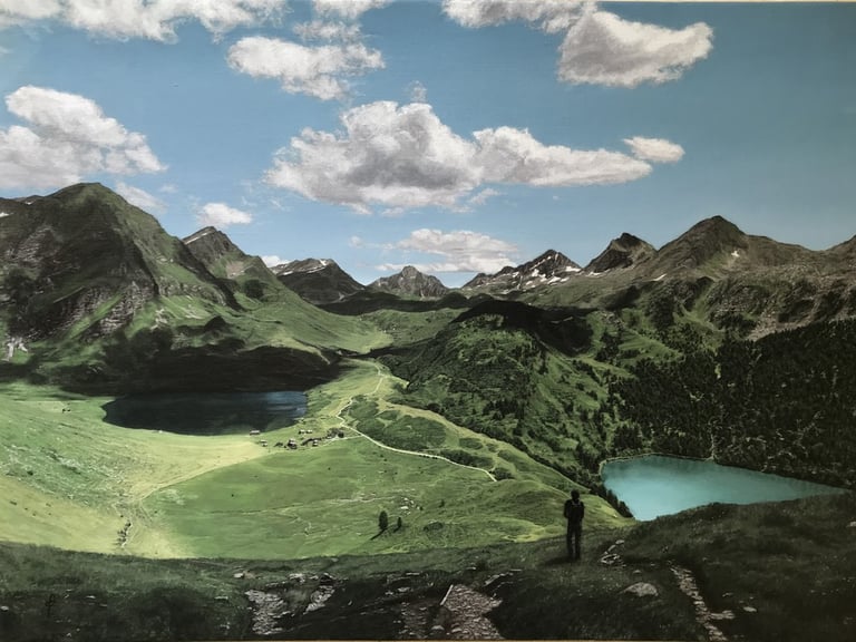 Tableau peinture à l'huile - Passage d'un col dans les Alpes (Tessin)
