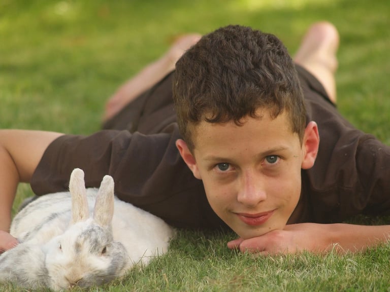 un garçon avec un lapin blanc dans l'herbe