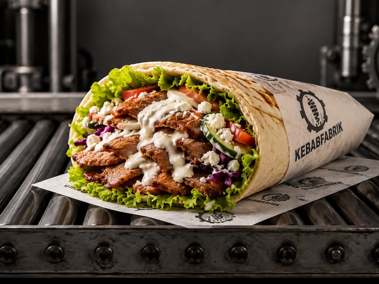 Grilled beef kebab wrap with white sauce, lettuce, and feta cheese on a metal conveyor belt.