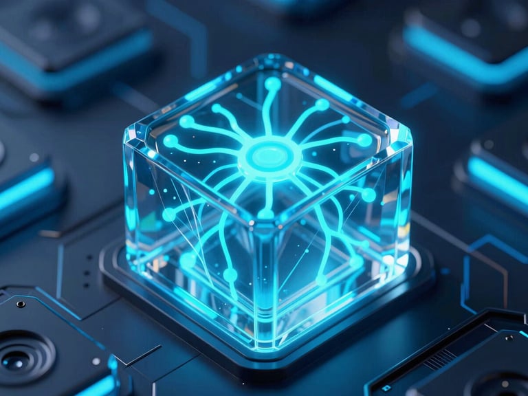 Macro close-up of a glassmorphic 3D security node, glowing neural pathways in electric cyan and deep blue neon lighting, high-fidelity server architecture render, octane render, 8k
