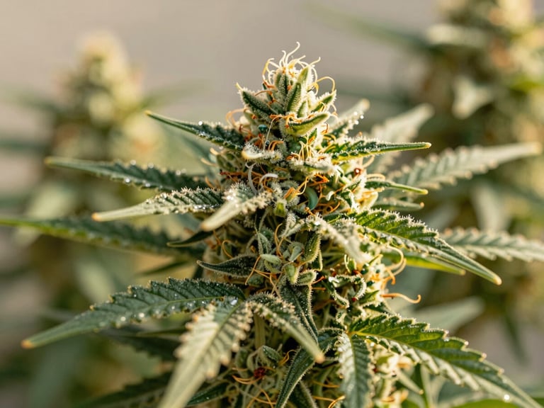 Macro detail shot of intact glistening trichomes on a fresh light green cannabis flower, natural outdoor golden hour lighting