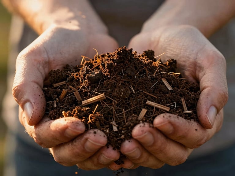 Macro shot of rich, dark compost held in hands, golden hour sunlight highlighting organic soil texture and wood fragments.