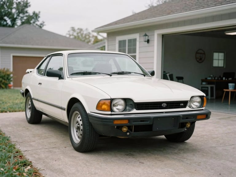 Medium shot of a classic 1990s coupe with a disassembled front bumper in a clean home garage, soft natural light, documentary style