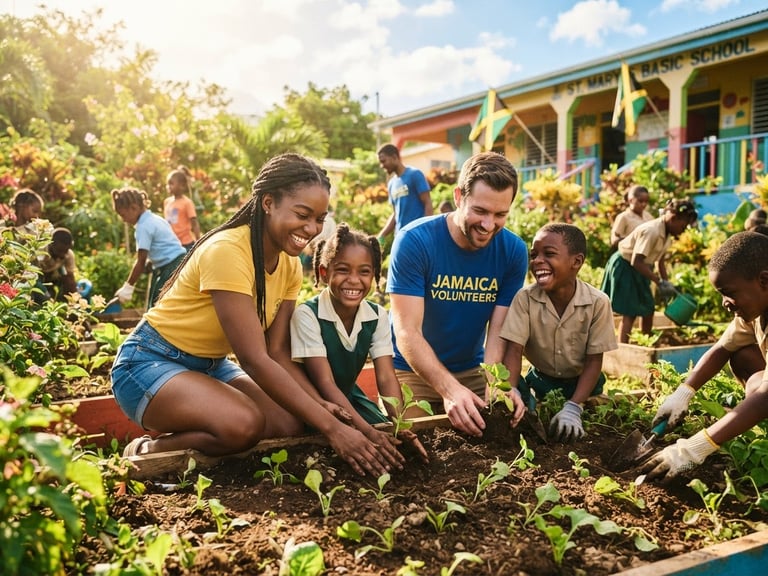 Medium-wide environmental shot of smiling Jamaican volunteers and local children planting a school garden under bright natural sunlight, warm editorial photography, rich saturated tones.