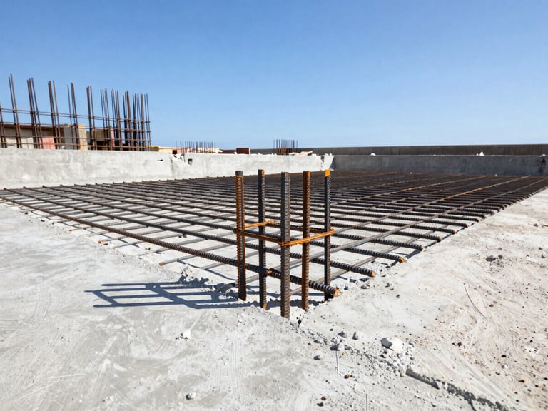 A close-up of a reinforced steel rebar grid before a monolithic concrete pour on a bright coastal construction site, sharp shadows, blue sky