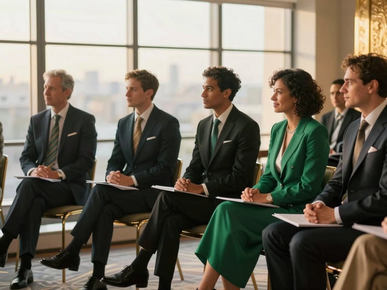 Impeccably dressed diverse professionals engaging in a sophisticated global panel discussion, warm golden-hour window light, rich emerald and gold tones, shallow depth of field, 35mm