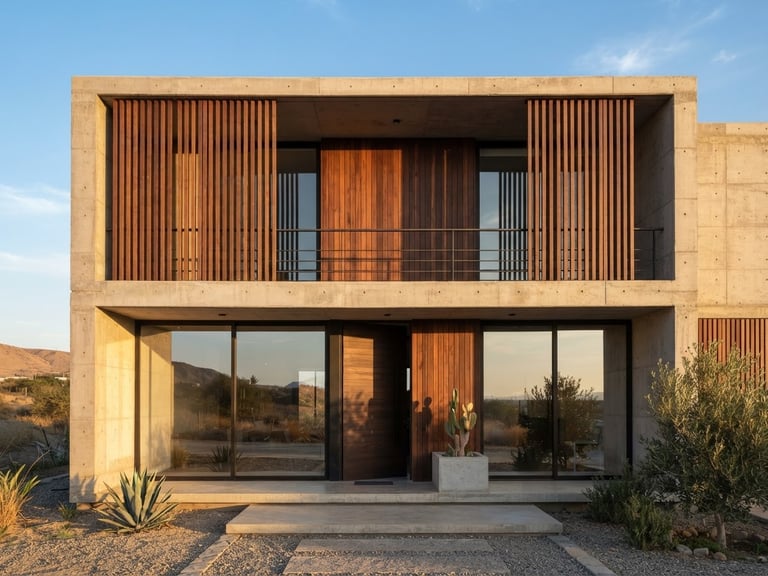Straight-on architectural photography of a modern concrete and wood residential facade in Tacna, bright golden-hour sunlight casting sharp geometric shadows, clean minimalist lines, 35mm lens.