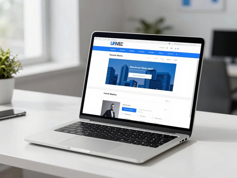 Sleek modern laptop on a clean white desk, displaying a structured professional website layout, bright corporate daylight, blue accents